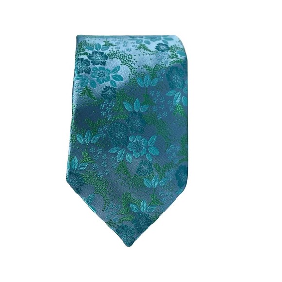 New Silk Hand Made Embroidered Neck Tie Aqua Floral 57 inches - Picture 1 of 8
